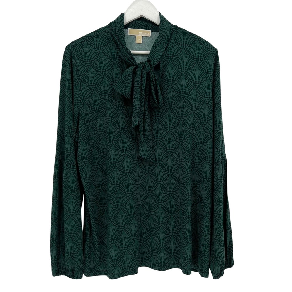Michael Kors Top Women XL Green Scallop Dot Tie Neck Long Sleeve Career Office